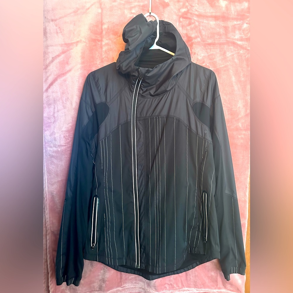 Lululemon Black Hooded Weatherproof Reflective Stripe Asymmetric Full Zip Jacket